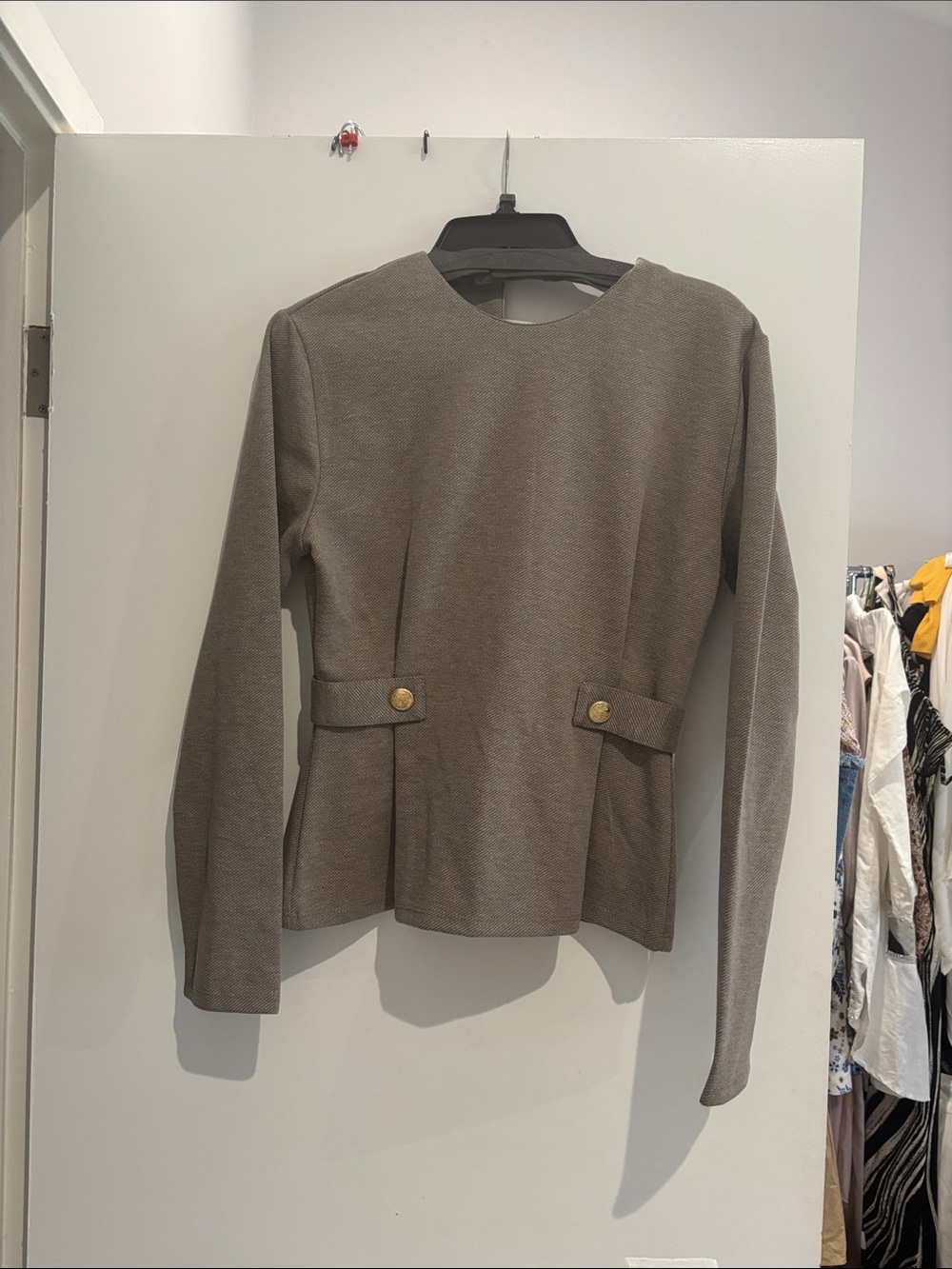 Zara Taupe Long-Sleeve Peplum Top with Gold Buttons